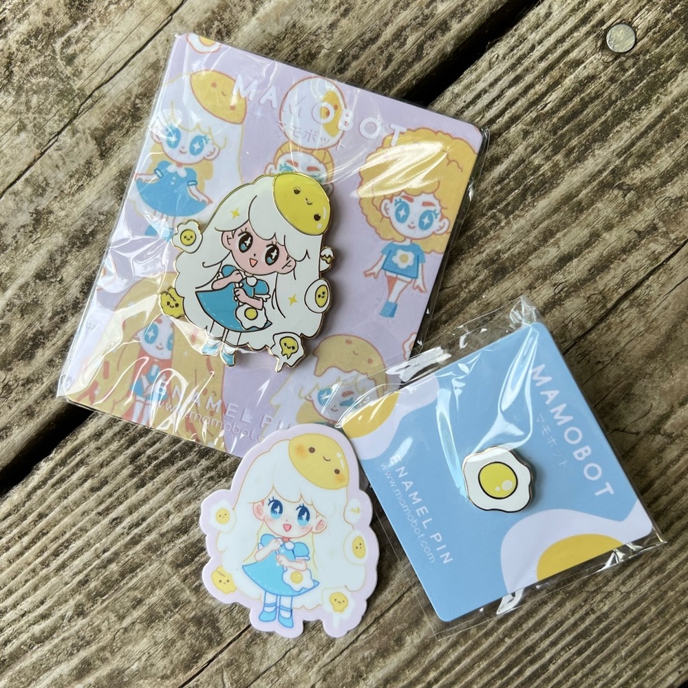 Mamobot Deviled Egg Olette Enamel Pin Set and Sticker
